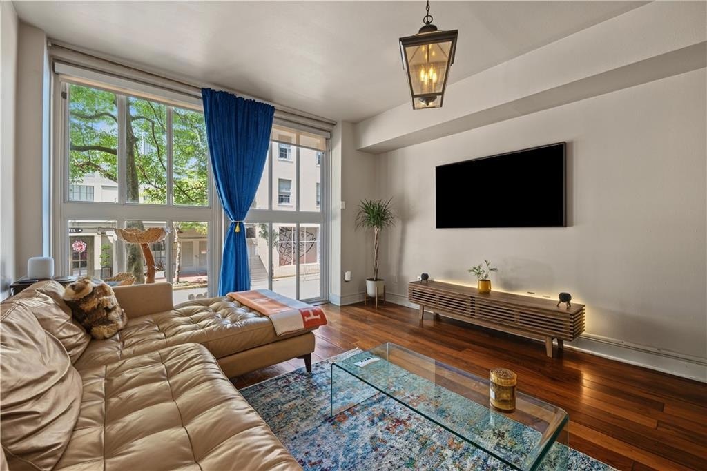 Light from tall windows in the living room